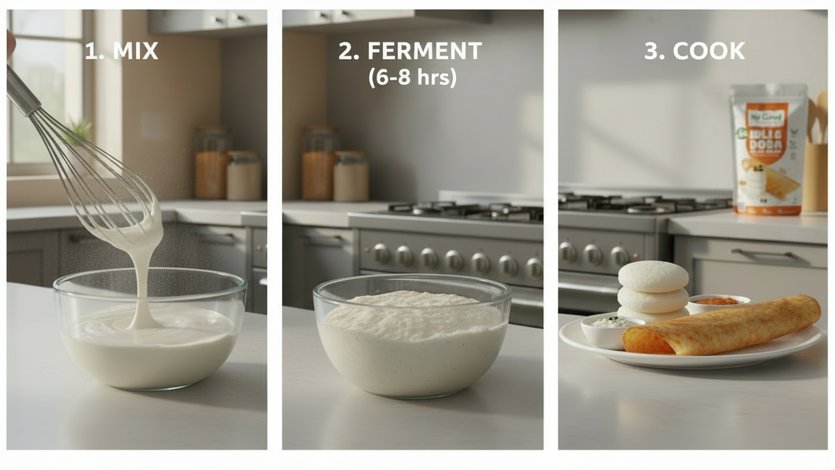 Step-by-step guide for making Idli & Dosa batter with No Grind product, showing mixing, fermenting, and cooking.
