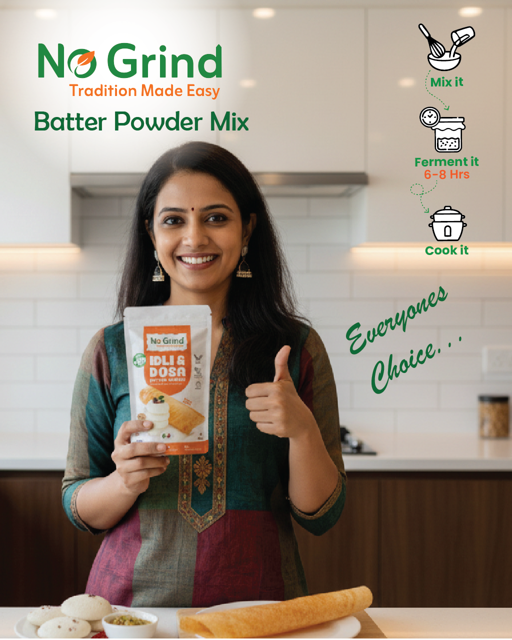 No Grind™ Natural Dosa & Idli Batter Powder Mix – 100% Preservative‑Free | Traditional Taste