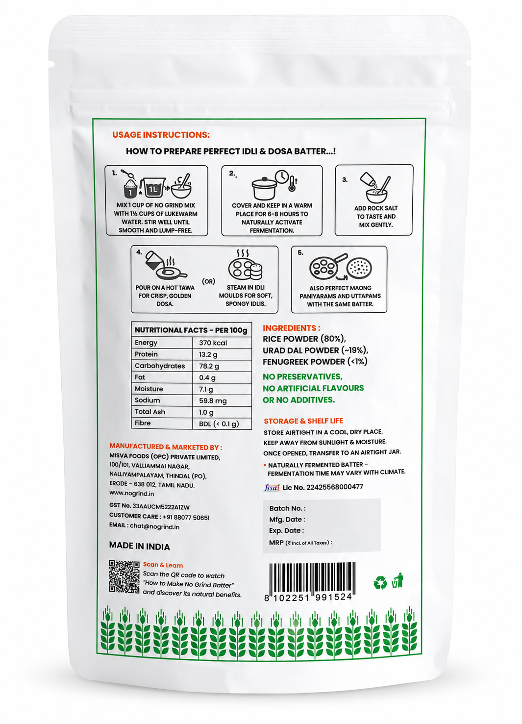 No Grind™ Natural Dosa & Idli Batter Powder Mix – 100% Preservative‑Free | Traditional Taste