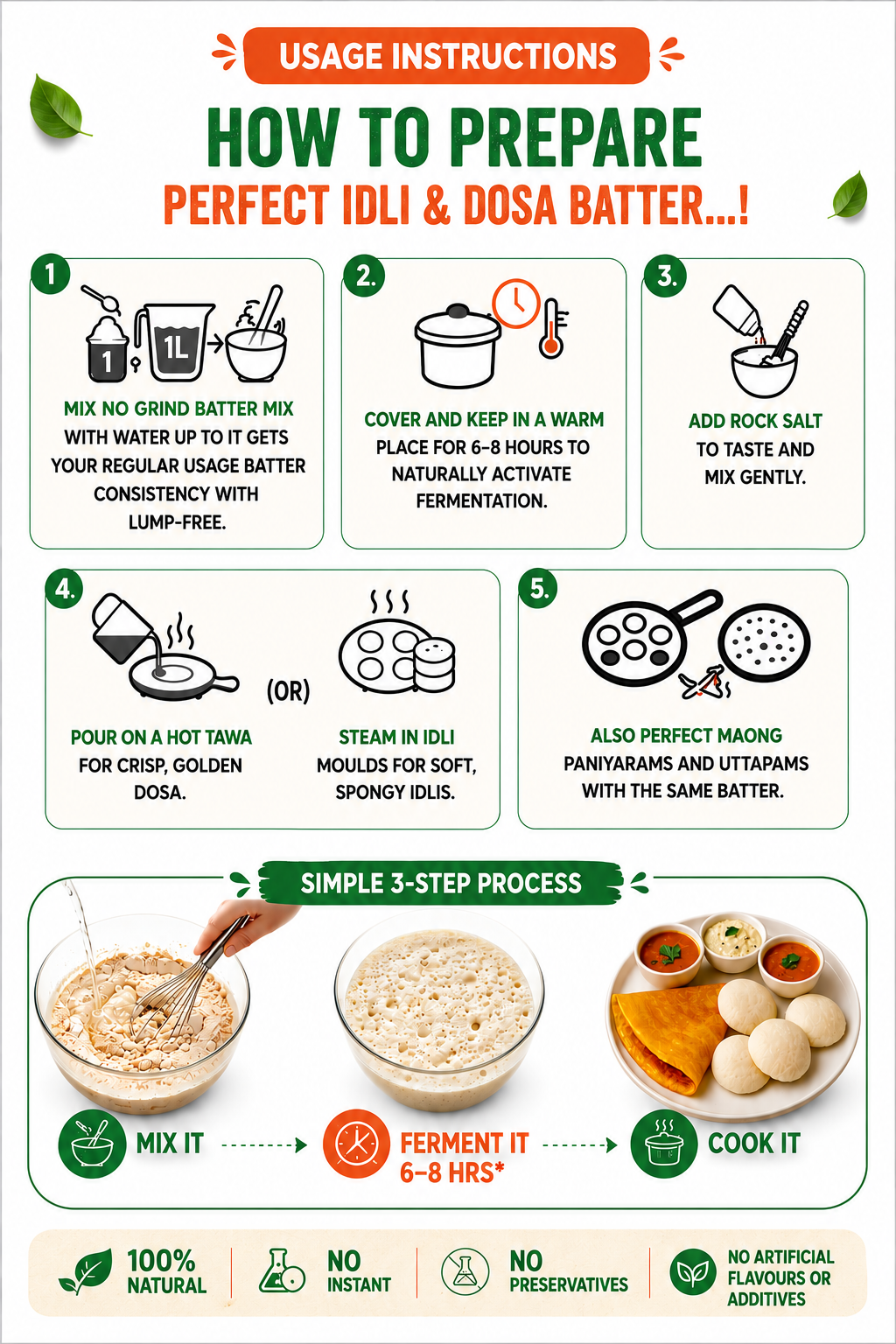 No Grind™ Natural Dosa & Idli Batter Powder Mix – 100% Preservative‑Free | Traditional Taste